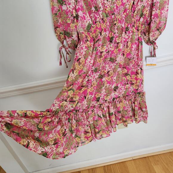 New Just Taylor Dress Size Small Womens Peasant Floral Chiffon Deep Vneck Pink - Picture 4 of 12